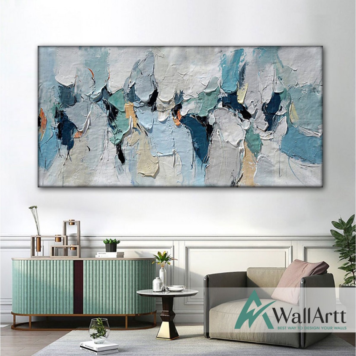 Abstract Blue n White 3d Heavy Textured Partial Oil Painting - Wall Art